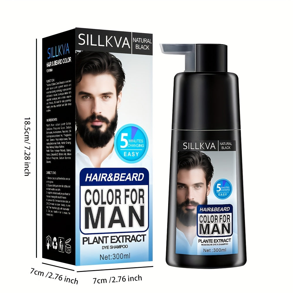 10oz Men's Black Hair & Beard Dye Shampoo, 3-in-1 Quick Coloring, Long-Lasting Natural Effect, Ammonia-Free, 8-Minute Easy Gray Coverage for A Youthful And Stylish Look