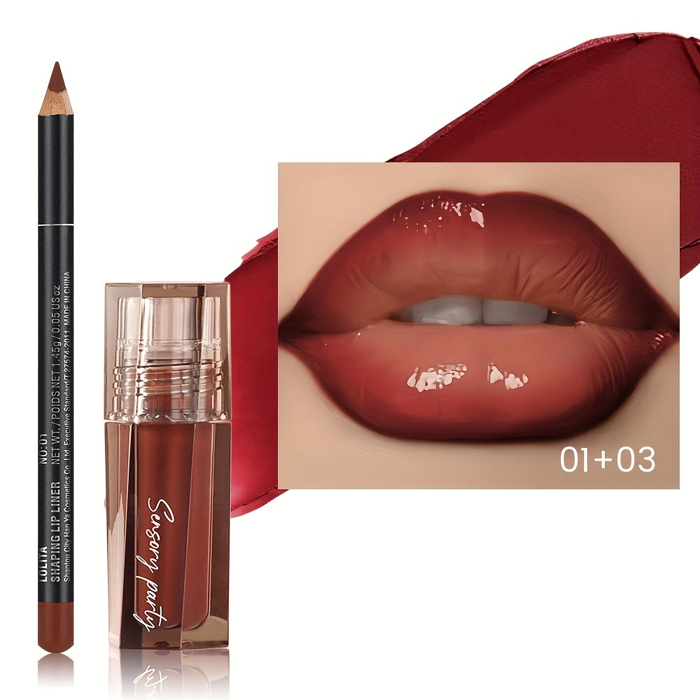 Lip Gloss & Lip Liner Set Hydrating Water-Gloss Dewy Finish - 3D Precision Contour Moisturizing Matte Liner Versatile Everyday Glam Lip Makeup Duo