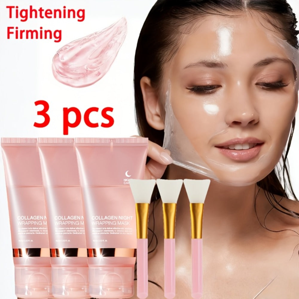 3 Boxes Instant Lifting & Firming Collagen Intensive Moisturizing Sleeping -Off Mask 75g, Enriched with Niacinamide, Collagen, Hyaluronic Acid, And Other Ingredients. The Gel Texture Is Easily Absorbed, Providing Deep Hydration And Moisture.