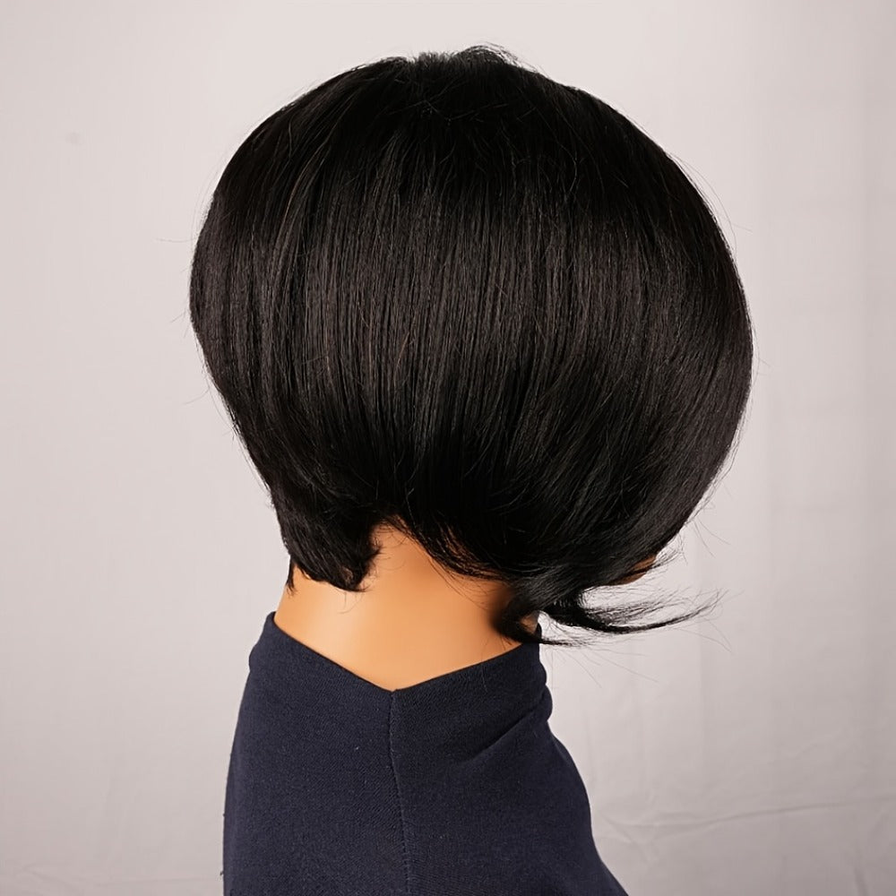 Pixie Cut Human Hair Wig with Bangs 8 Inch 200% Density Glueless Side Part Layered Straight Rose Net Cap Throw On and Go Women #1 #4 #99J Daily Party