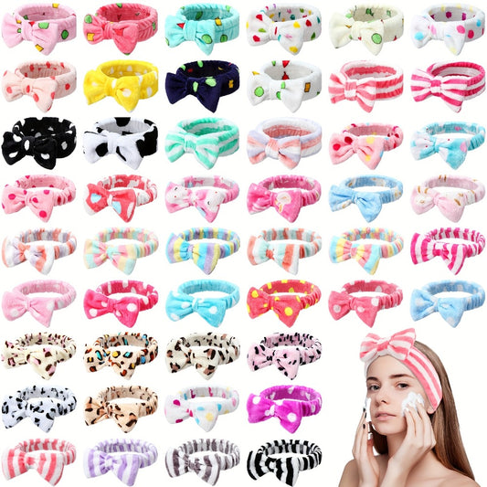 Spa Headbands for Women 48 Pack Fluffy Plush Bow Hair Band Facial Makeup Headbands for Washing Face Shower Cleansing Skincare Novel Pattern Mixed Color Bulk Set
