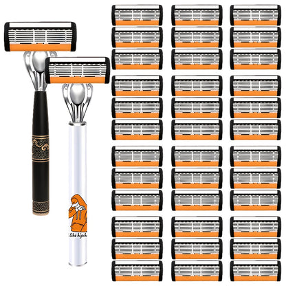 6-Layer Blade Men's Razor Set with Lubricating Strip 2 Handles & 36 or 72 Replacement Blades – Smooth Close Shave Contour-Fitting Ergonomic Manual Shaver for Men Daily Grooming