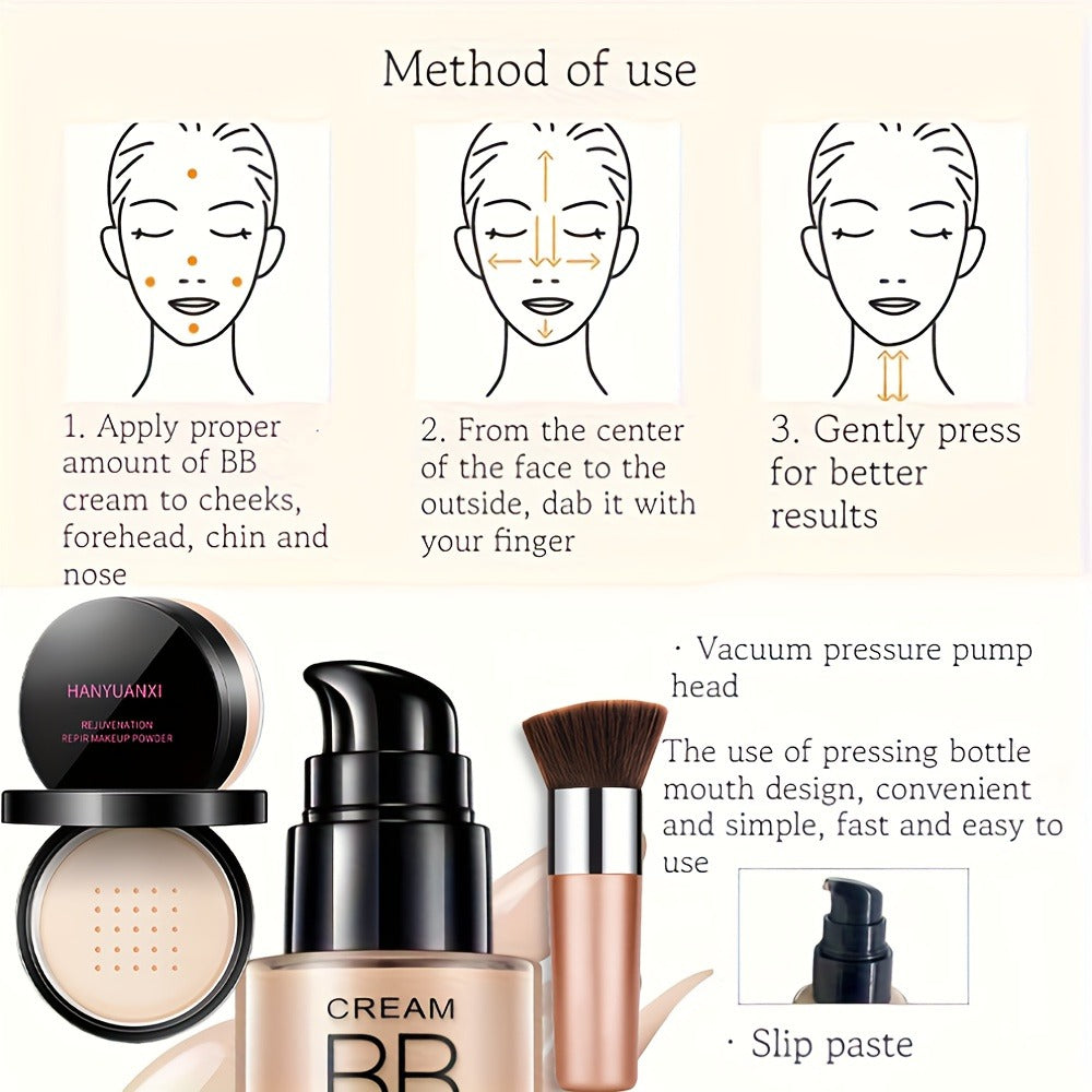 BB Cream Makeup Kit with Loose Setting Powder, Brush & Sponge — Full Coverage Foundation, Waterproof Long-Lasting, Hydrating for All Skin Types