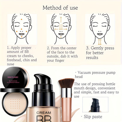 BB Cream Makeup Kit with Loose Setting Powder, Brush & Sponge — Full Coverage Foundation, Waterproof Long-Lasting, Hydrating for All Skin Types