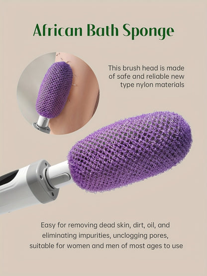Electric Body Scrubber Brush with 3 Replaceable Heads - Dual Speed Shower Back Cleaner African Bath Sponge for Skin Exfoliation Cleansing & Massage