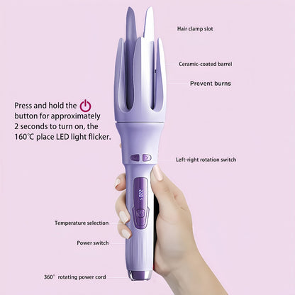 Automatic Rotating Curling Iron 4 Temperature Settings Negative Ion Ceramic Barrel Anti-Tangle Auto Shut-Off Dual Voltage 110-240V Fast Heat 30s Beginner-Friendly Gift for Women