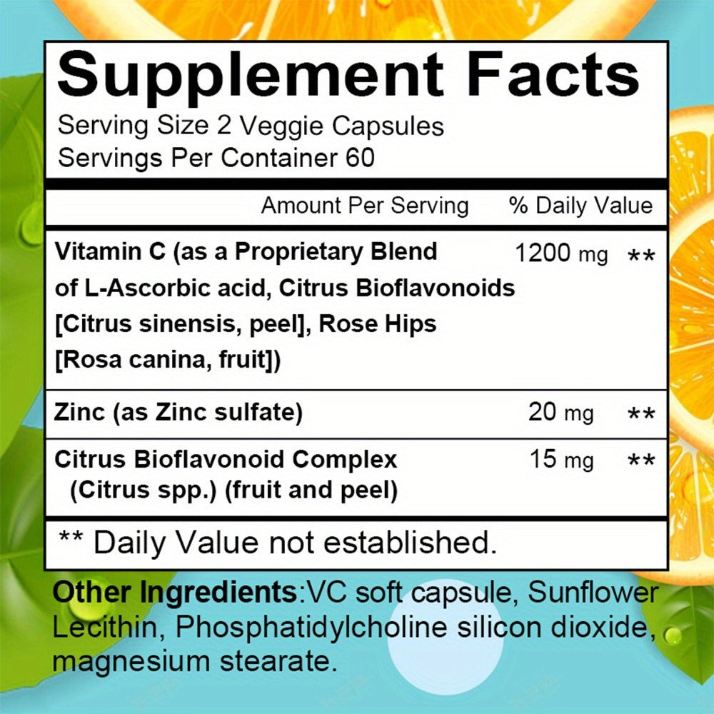 120 Softgels Vitamin C With Zinc Supplement | 1200mg Vitamin C, 20mg Zinc for Immune Support - DAITEA Brand