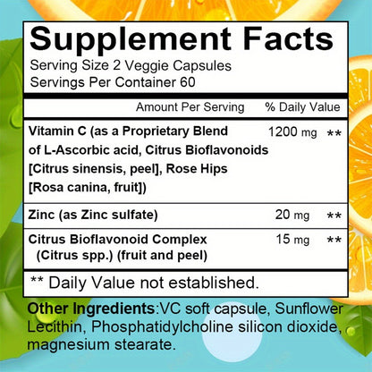 Vitamin C with Zinc Supplement — 1200mg Vitamin C & 20mg Zinc for Immune Support, Antioxidant Defense & Skin Health, 120 Softgels Daily Formula