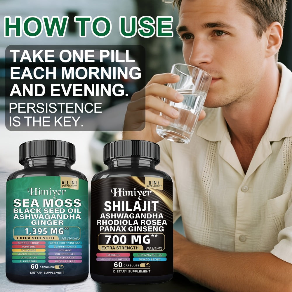 6pcs-Three-month Package-Sea Moss 350mg, Black Seed Oil 200mg, Ashwagandha 100mg, Ginger & Shilajit Pure Himalaya 300 Mg, Rhodiola Rosea 100mg, Panax Ginseng 50mg, All In 1 Supplements