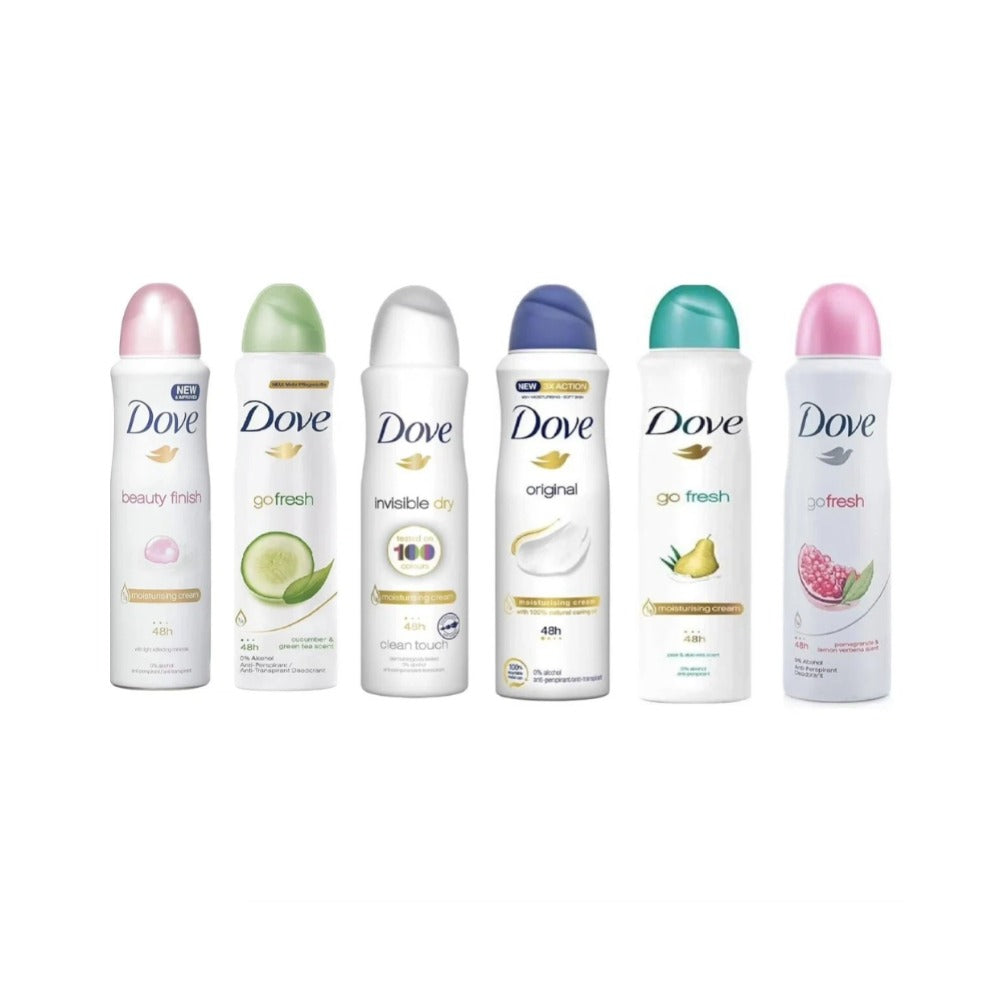 Deodorant Body Spray for Women Antiperspirant 6 Pack Variety Set | Dove Invisible Dry Fresh Scent Long Lasting 48H Protection 150ml Each