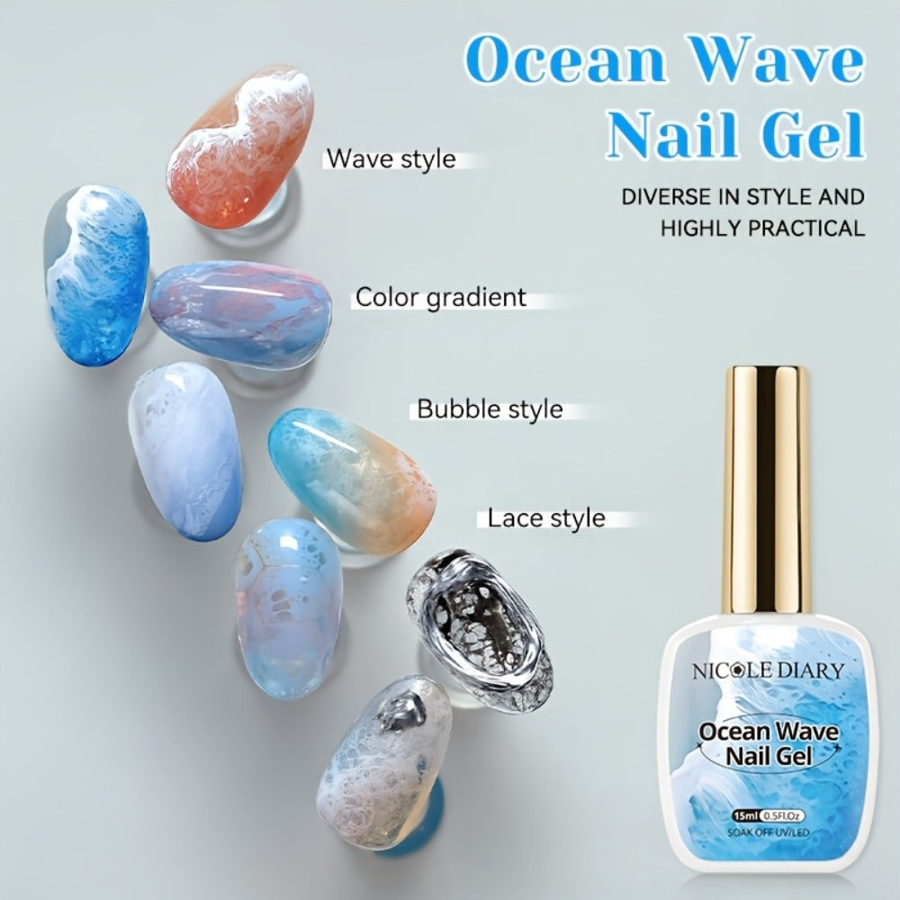NICOLE DIARY 0.51oz Blue Sea Wave Bubble Gel Nail Polish - Marble Watercolor Ink Nail Art, at Home, Long-Lasting Glossy End, No Resin Remover Needed