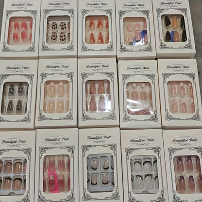 Press On Nails 216pcs 9 Sets Random Mixed Color - Rhinestone Glossy Full Cover False Nails Middle Length Glamorous Nail Art Kit for Women Christmas Holiday Manicure