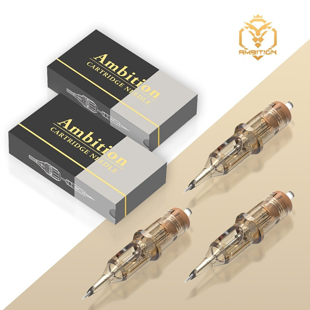 Box of 20 Ambition Tattoo Cartridge Needles in RL/RS/RM/M1 Sizes, Designed for Micropigmentation. These Disposable Needles Are Sterilized for Safe Use with Tattoo Machines