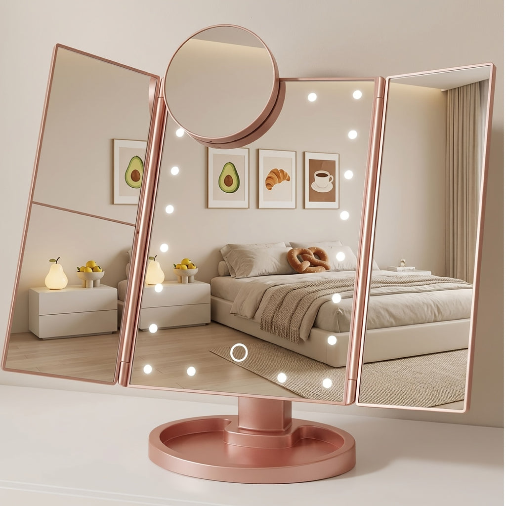 Makeup Mirror, Tri-Fold Lighted Adjustable Vanity Makeup Mirror with 21 LED Lights, Touch Screen And 3X/2X/1X Magnification (Free 10X Mini Mirror Included), Two Power Supply Modes, 360° Rotation, Ideal Gift Option (Rose Golden/White/Black)
