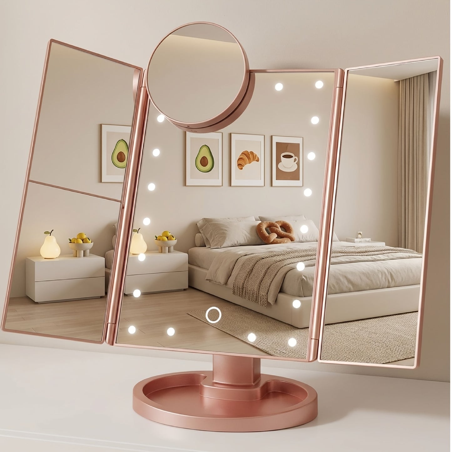 Vanity Mirror with Lights Tri-Fold 21 LED Lighted Makeup Mirror - Touch Control 1X 2X 3X 10X Magnification 360° Rotation Dual Power Trifold Tabletop Mirror