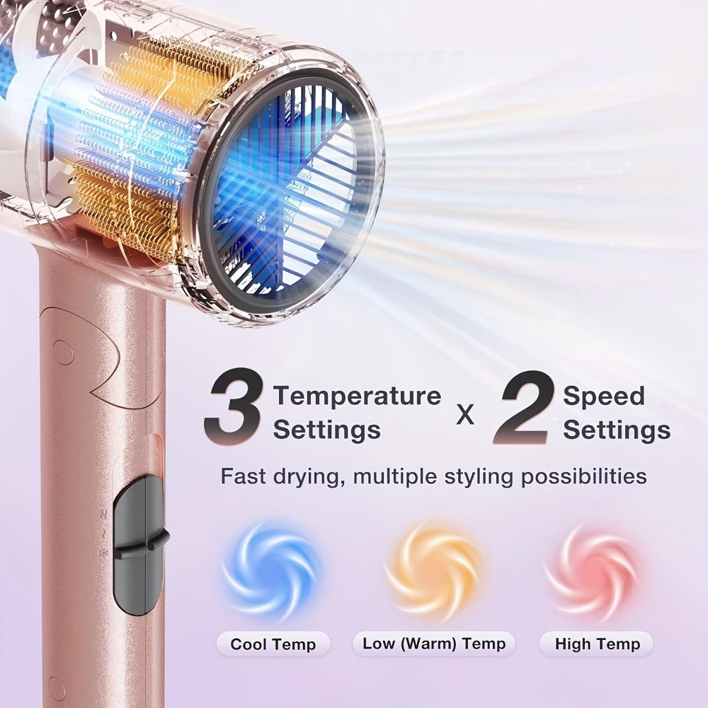 1875W High-Power Pink Travel Hair Dryer, Foldable Design, with Diffuser And Focusing Nozzle, Compact Powerful Ion Hair Dryer, 3-Speed Temperature Control And 2-Speed Wind Speed, Fast Drying Hair