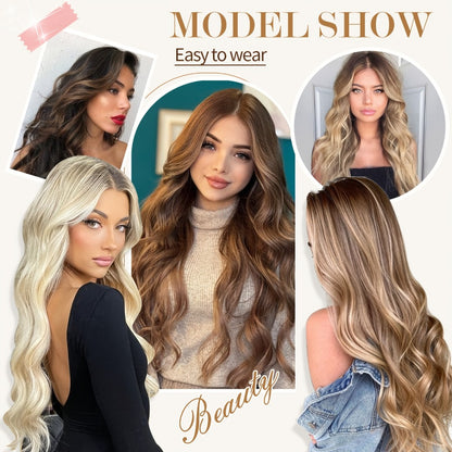 Invisible Wire Hair Extensions for Women Synthetic Wavy Wig with Clear Wire 18 Inch Multi-Color Balayage Highlight Natural Look Glueless No Damage Easy Apply