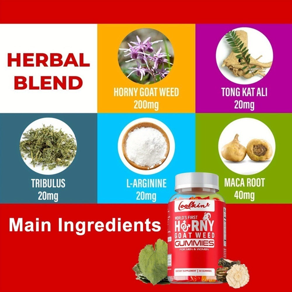 Horny Goat Weed Gummies - with Maca Root, Tongkat Ali Root, Tribulus, L-Arginine, Supports Men's Health - 60pcs