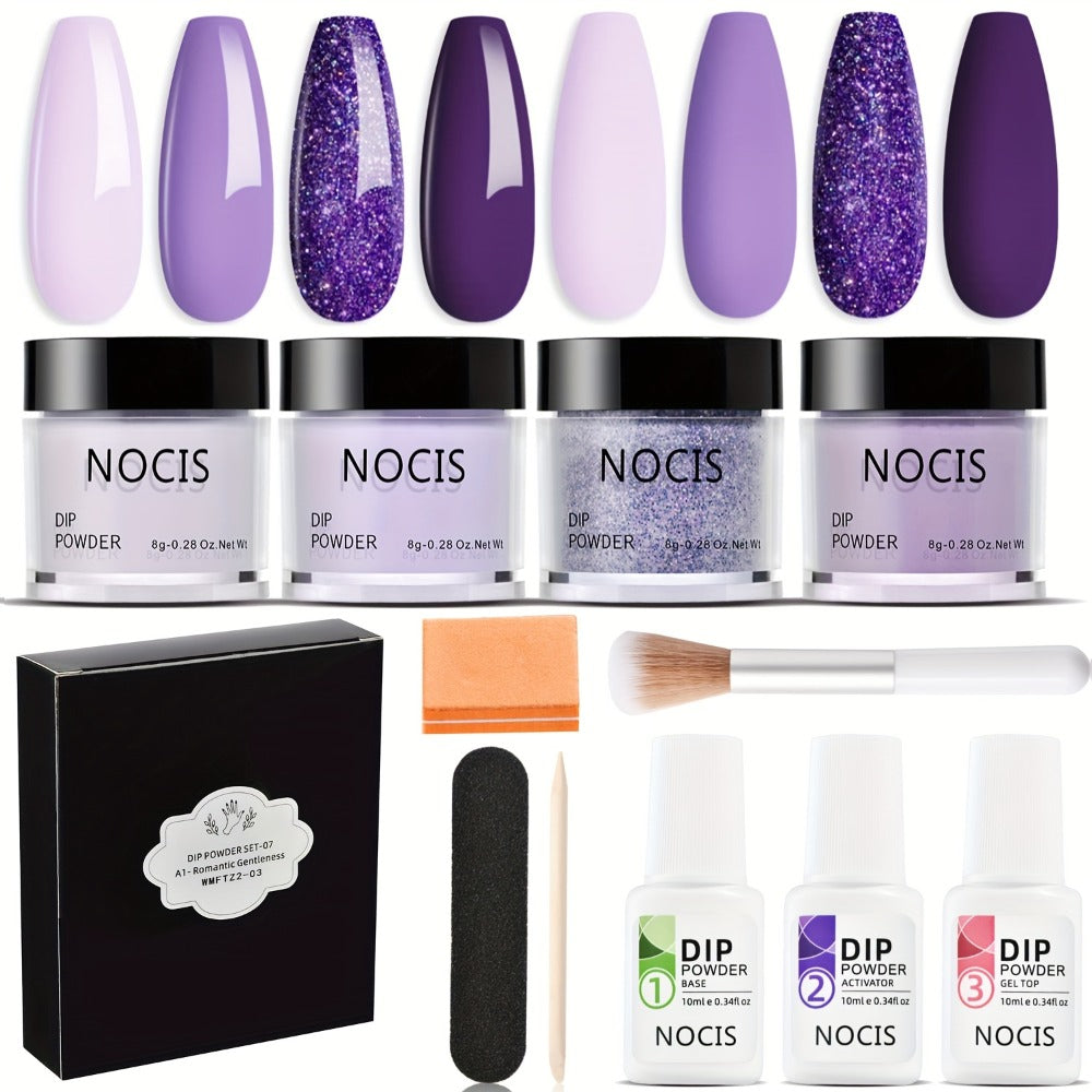 NOCIS Dip Powder Nail Kit Starter, 4 Colors Lilac Lavender Purple Glitter Nail Dipping Powder Essential Liquid Set with Base Top Coat Activator French Nail Art DIY At Home Manicure Salon All-in-One Beginner Kit