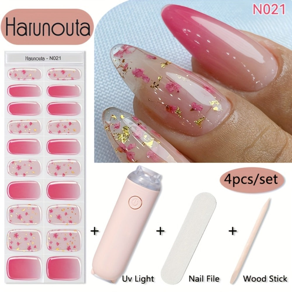 Harunouta 20strips Semi Cured Gel Nail Strips Set with Hand Held Nail Lamp Kit Gel Nail Stickers Glitter Flower Gel Nail Wraps Gel Polish Stickers Nail Art Manicure for DIY Nails Home Use Nails