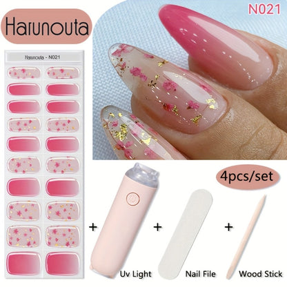 Semi Cured Gel Nail Strips Kit — 20 Strips with Handheld LED Nail Lamp, Gel Nail Stickers Wraps for DIY Nail Art Manicure at Home, Glitter Flower Designs, Easy Apply & Long-Lasting Gel Polish Effect