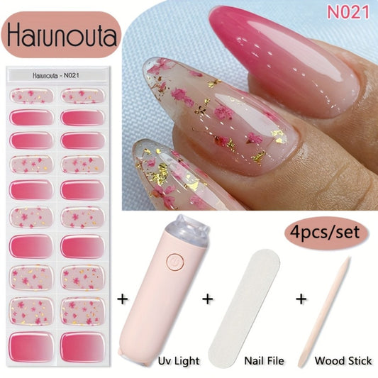 Harunouta 20strips Semi Cured Gel Nail Strips Set with Hand Held Nail Lamp Kit Gel Nail Stickers Glitter Flower Gel Nail Wraps Gel Polish Stickers Nail Art Manicure for DIY Nails Home Use Nails