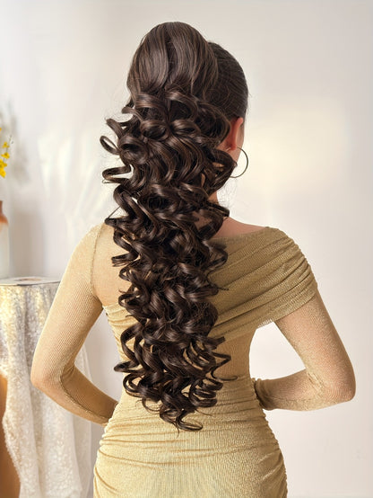 Ponytail Extension Curly 28 Inch Long — Heat Resistant Synthetic Clip In Wrap Around Hairpiece, Voluminous Bouncy Curls for Women Everyday Wear Parties Festivals