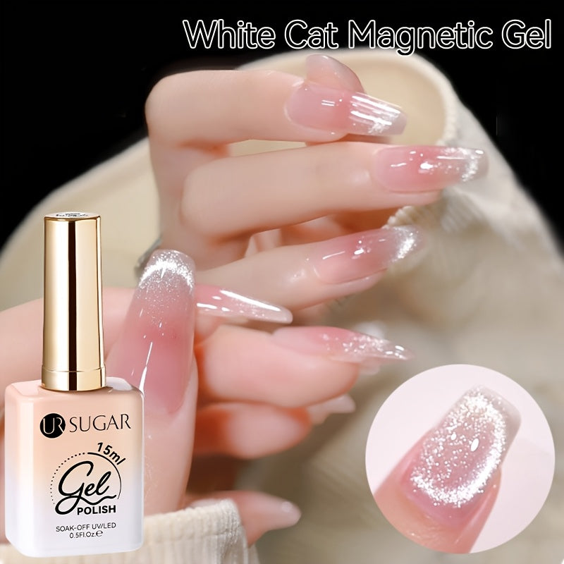 UR SUGAR 2pcs/Set 0.51oz Shine White Cat Magnetic Gel Nail Polish on Any Color Gel Sparkling Glitter Semi Permanent Soak Off Gel with Magnetic Stick