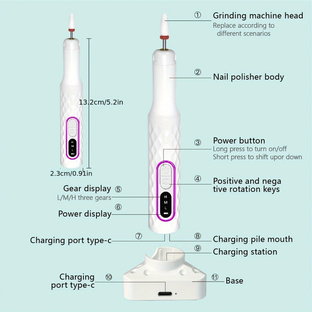 Electric Nail Drill with Portable File And Accessory Bits for Manicure And Nail Care, Featuring Adjustable Speed.