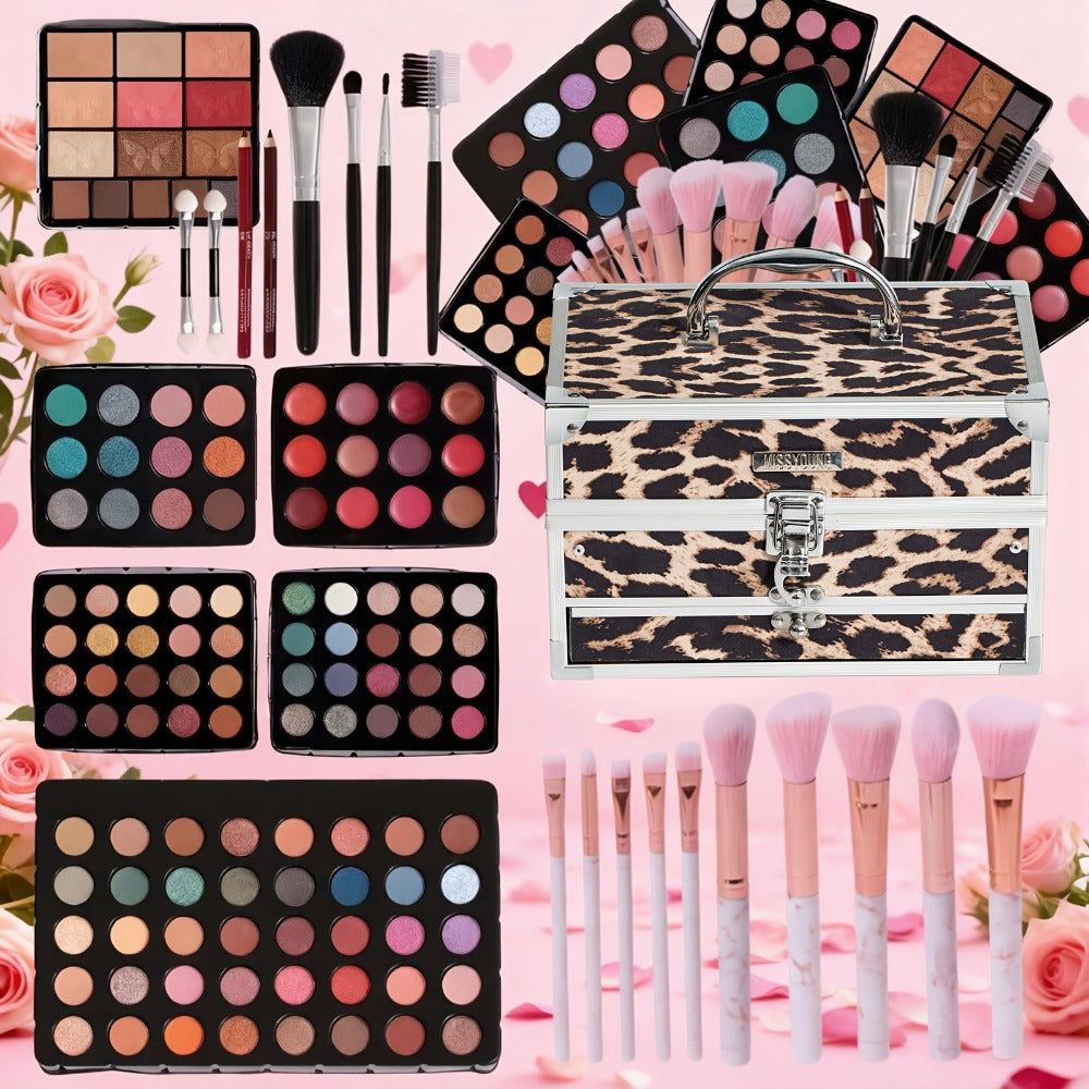 Makeup Kit Gift Box Silvery Multi-Functional Set with Mirror, Lipstick, Eyeshadow & Blush - Portable Long-Lasting Cosmetic Kit for Beginners & Teens, Multiple Shades, Perfect Gift for Women