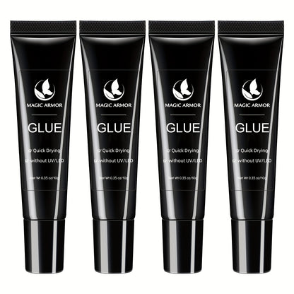 Nail Glue Extra Strong Fast Drying - 4 x 0.35 oz Professional Press On Nail Adhesive, 10-Second Bond, No UV Light Needed, Super Hold Long-Lasting Nail Tips Glue