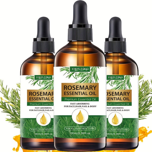 3x3.38oz Rosemary Essential Oil - Plant-Based Formula, Hydrating Hair & Skin Care, for Massage/Shower, DIY, Multi-Use for Face, Body, Nails, Hair | Ideal Holiday Gift"