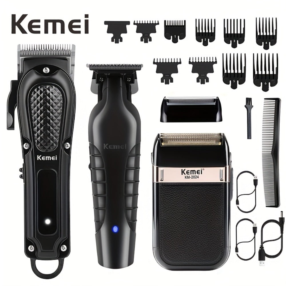 [Perfect Holiday Gift] Kemei Professional Men's Grooming Kit Hair Clipper Beard Trimmer And Reciprocating Shaver Available in Single 2pcs Or 3pcs Set Suitable for Home And Salon Use Perfect Holiday Gift for Dad