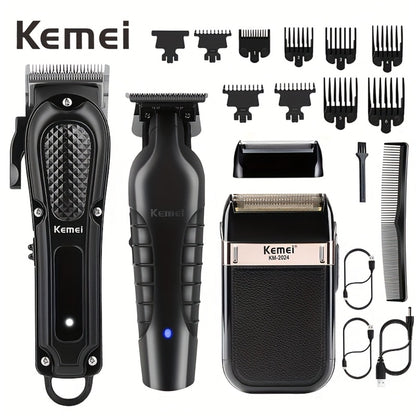 Hair Clipper & Beard Trimmer Set for Men — Kemei Professional Grooming Kit with Reciprocating Shaver, USB Rechargeable, Home & Salon Use, Gift for Dad (Set 1 / Set 2 / Style 1)
