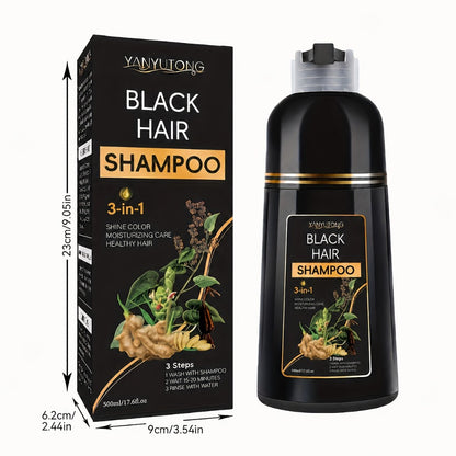 Gray Hair Coverage Shampoo 3-in-1 — Black Hair Dye with Herbal Plant-Based Formula, Moisturizing & Nourishing, Fast Color Results for Men & Women, 500ml (16.91oz)