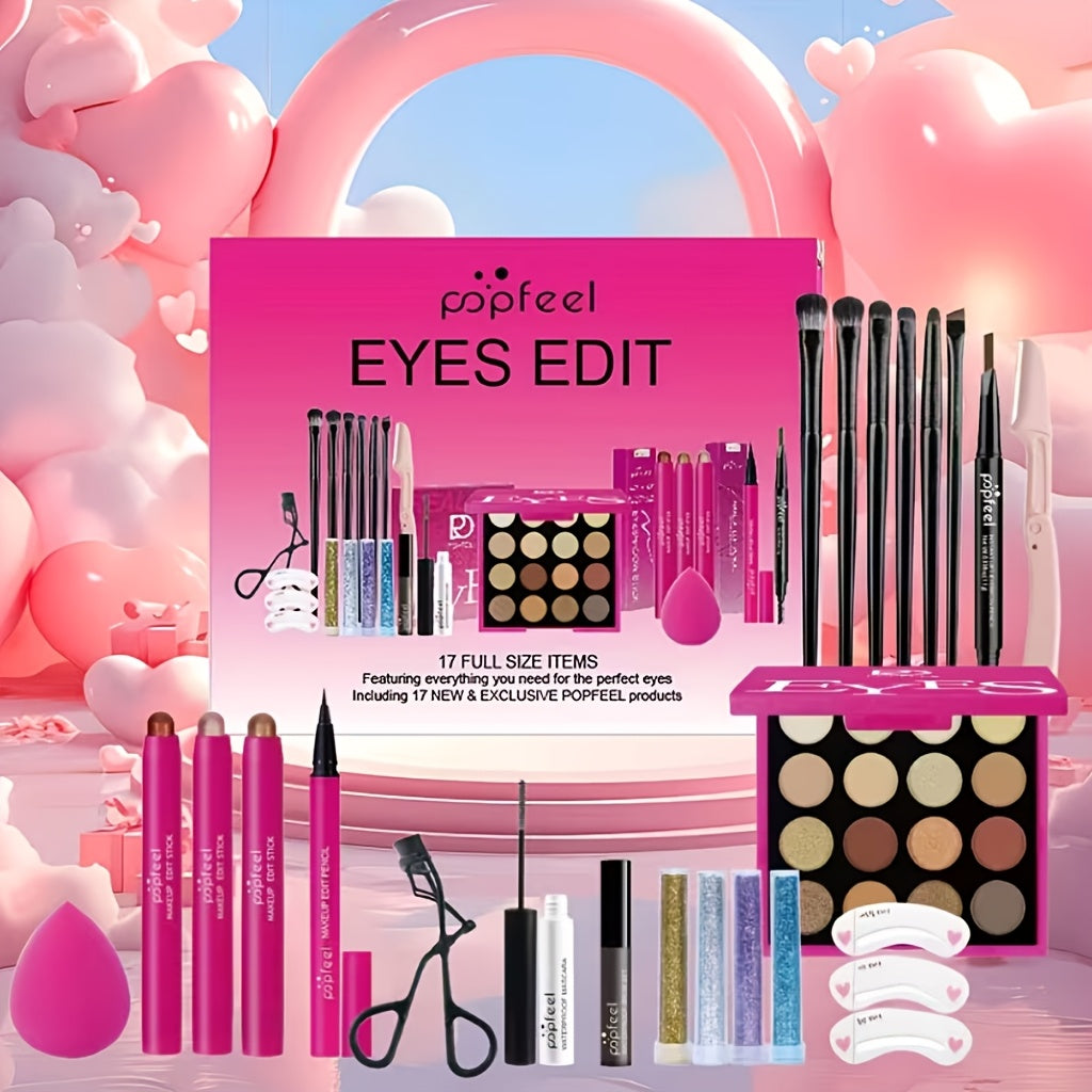 POPFEEL All-in-One Full Face Makeup Kit with Brush - Complete Beauty Set, Berry & Neutral Foundation, Blush, Eyeshadow Palette & Mascara Suitable for Gifts or Personal Use, Comprehensive Powder-Based Makeup Collection