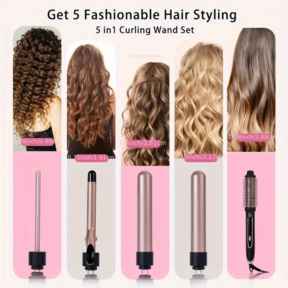 5 In 1 Curling Iron Set With Curling Heat Brush And 4 Interchangeable Ceramic Curling Iron, Wavy Curling Iron, Long Lasting Curling Iron, Gloves And 2 Clips, Quick Curling Iron, Perfect For Girls With All Hair Types, Valentine'S Day Gift