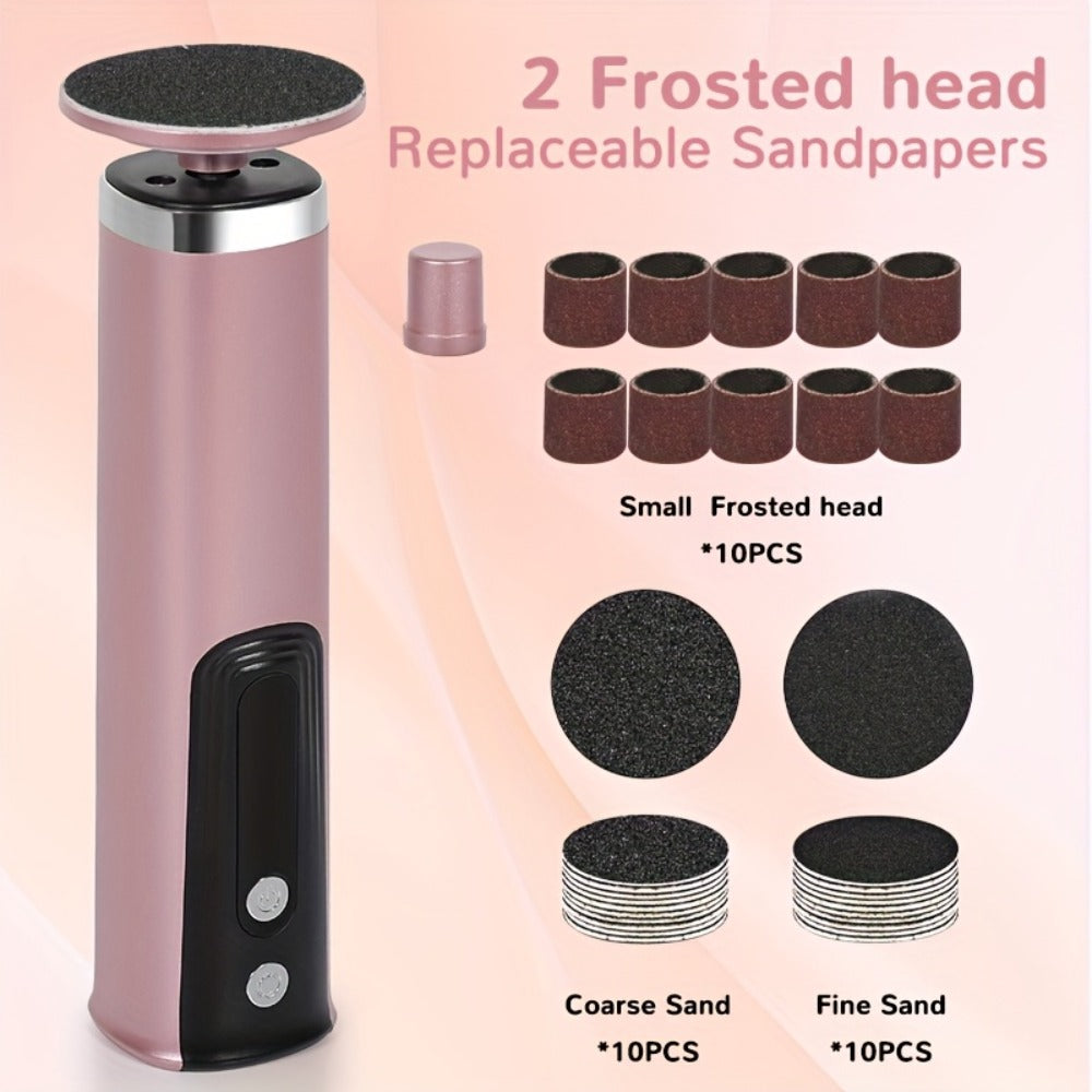 Electric Foot File & Callus Remover - USB Rechargeable 2-in-1 Foot Trimmer with Adjustable Speed, 2 Sanding Heads & 10 Sandpaper Pads, Portable Pedicure Tool for Dry Dead Skin, Pink