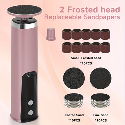 Electric Foot File & Callus Remover - USB Rechargeable 2-in-1 Foot Trimmer with Adjustable Speed, 2 Sanding Heads & 10 Sandpaper Pads, Portable Pedicure Tool for Dry Dead Skin, Pink