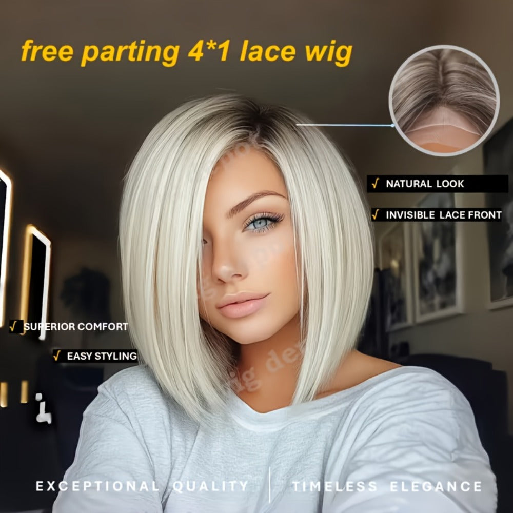 Bob Wig 4x1 U Part Lace Front Rose Net Cap - Middle Part Glueless Wig for Women Brown Highlights Milky White Black Pink 14 Inch