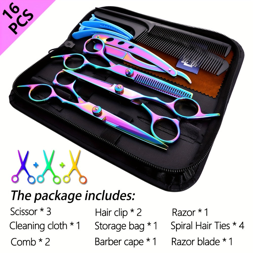 Hair Cutting Scissors Set 16pcs Professional 6.0 Inch Salon Shears Thinning Scissors Bangs Flat Cut Blending Diagonal Tail Styling Accessories for Men Women