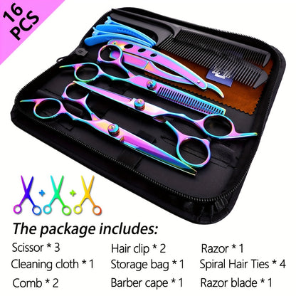 Hair Cutting Scissors Set 16pcs Professional 6.0 Inch Salon Shears Thinning Scissors Bangs Flat Cut Blending Diagonal Tail Styling Accessories for Men Women