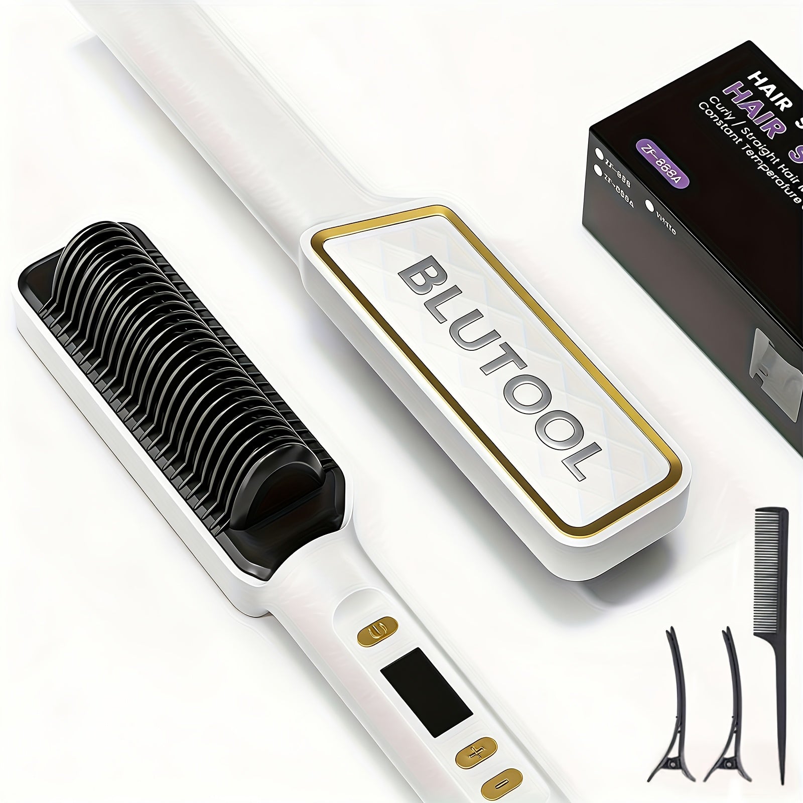 Hair Straightener Brush, 10s Fast Hair Straightener Comb Straightening Brush for Women, LCD Display, 5 Temps Flat Iron Brush, Anti-Scald (Includes Two Extra Clips And One Comb)