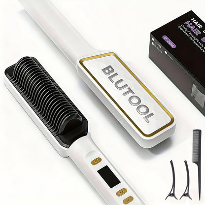 Hair Straightener Brush 10s Fast Heat LCD Display – 5 Temperature Flat Iron Comb Anti-Scald Straightening Brush for Women with 2 Clips & Comb – White, Grey, Purple