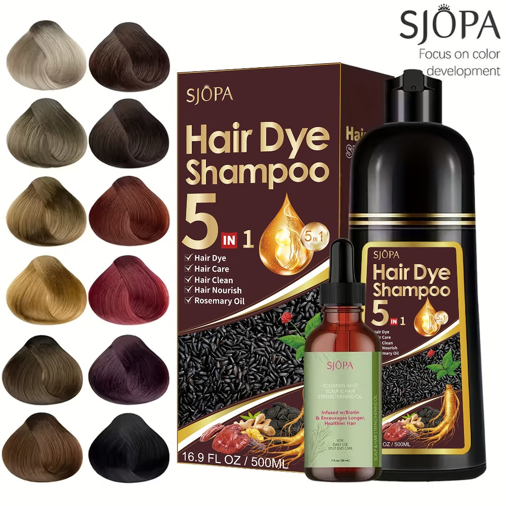 Hair Coloring Shampoo 5-in-1 Herbal Formula with Rosemary Oil - 100% Gray Hair Coverage Long Lasting Moisturizing Unisex Color Shampoo Set Black Brown Purple Red White Multi Color 500ml