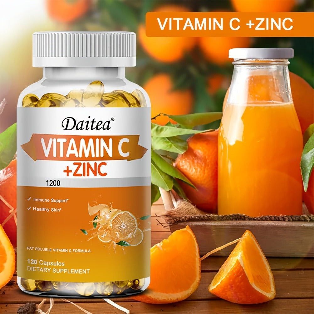 120 Softgels Vitamin C With Zinc Supplement | 1200mg Vitamin C, 20mg Zinc for Immune Support - DAITEA Brand