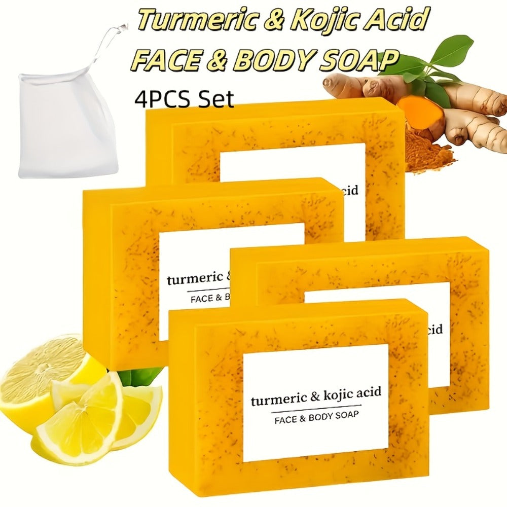 4pcs Natural Turmeric And Kojic Acid Soap with A Foaming Mesh, Deeply Cleanses & Moisturizes The Skin, Oil Control, Suitable for Facial, Body Cleaning, Suitable for All Light Skin Tones