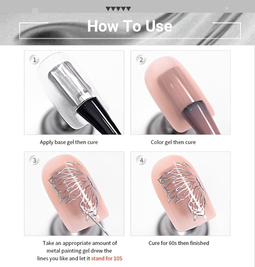 Nail Art Painting Gel Metal Effect 0.24oz with Brush Soak Off UV LED Mirror Metallic Silver Line Drawing Gel Polish for Flower Nail Art DIY Home Salon Manicure