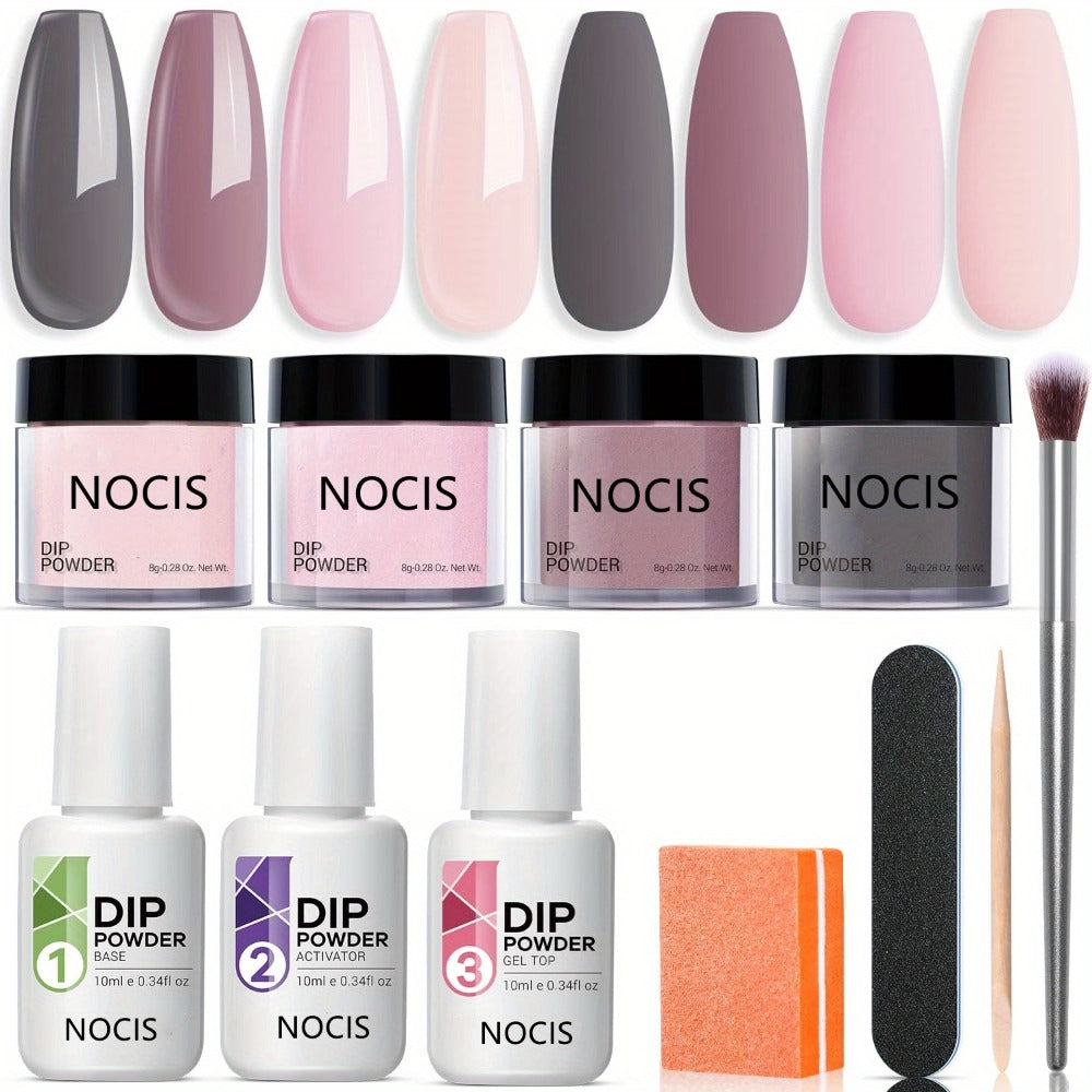 Dip Powder Nail Kit 11pcs Complete Set - 4 Colors Nude Grey Pink No Lamp Base Coat Top Coat Activator Nail Tools French Manicure Home Salon