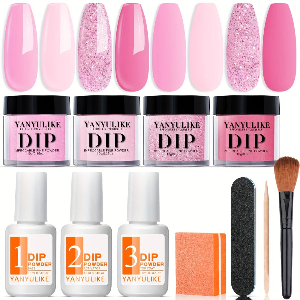 A Starter Kit for Dip Powder Nails, Including Four Shades of Light Hot Pink Glitter Powder, Essential Liquids Like Base And Top Coat, And an Activator for French Nail Designs, Ideal for Home Manicures Or As a Gift for Mother'S Day